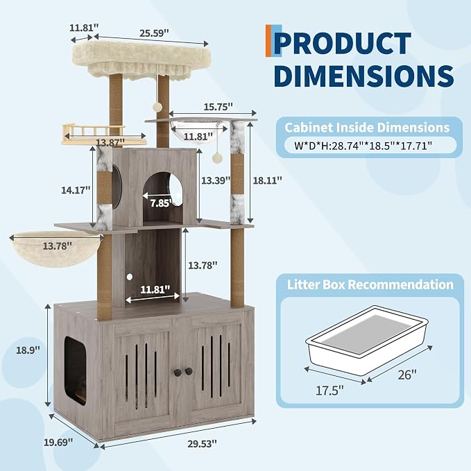 TrailBlaze Modern Multi-Level Cat Tree with Hidden Litter Box Enclosure - Large Soft Perch - Sisal Scratching Posts - Cat Condo & Hammock for Indoor Cats - Gray
