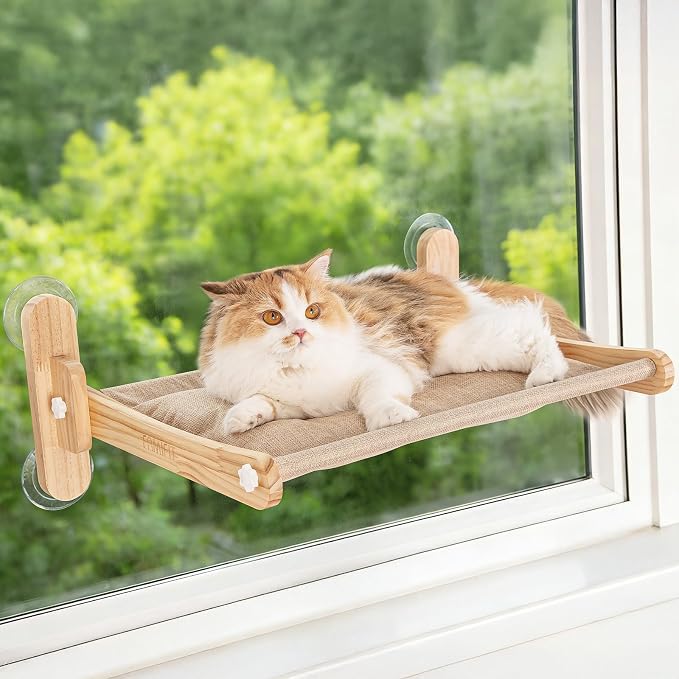 Large Foldable Cat Window Perch - Natural Pine Cat Sill Seat, 50LBS Heavy Duty Cordless Design, Space-Saving No-Scratch Window Hammock for Indoor Cats