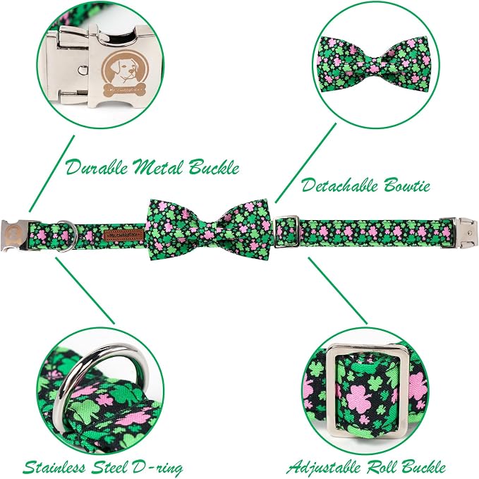 ·MR. CHUBBYFACE· St.Patrick's Pink Green Clover Dog Collar with Bowtie, Cute Clovers Shamrock Metal Buckle Dog Collar, Adjustable Shamrock Pet Collar with for Small Medium Large Dogs