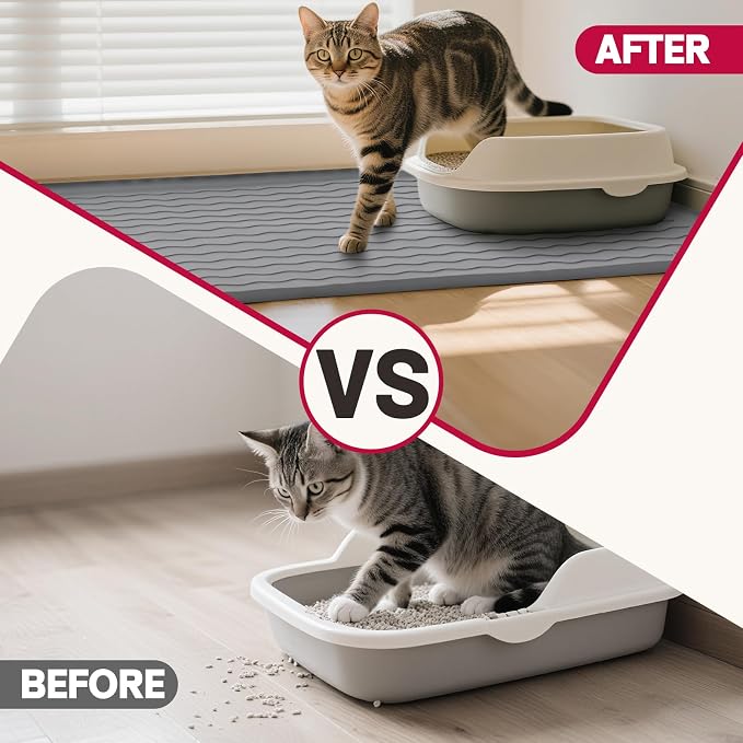 Cat Litter Mat, 34"x22" Waterproof Silicone Pad, Black | Large Size, Urine-Proof Pad, Litter-Trapping Waves, Non-Slip, Easy Clean, Paw-Safe, for Litter Box, Floor Mat