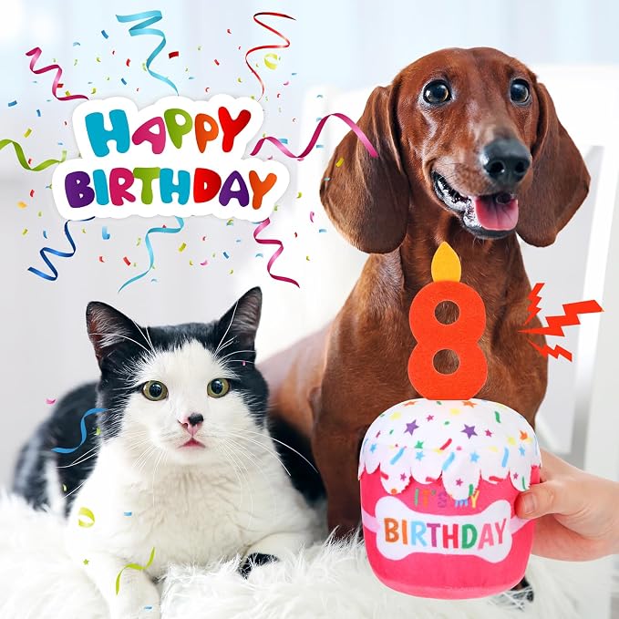 Dansydaisy Dog Birthday Cake Toy Squeaky Plush Toy for Girl Boy Gifts, Chew Accessories for Dog Birthday Party Decor Favor for Large, Medium and Small Dogs(8th,Pink)