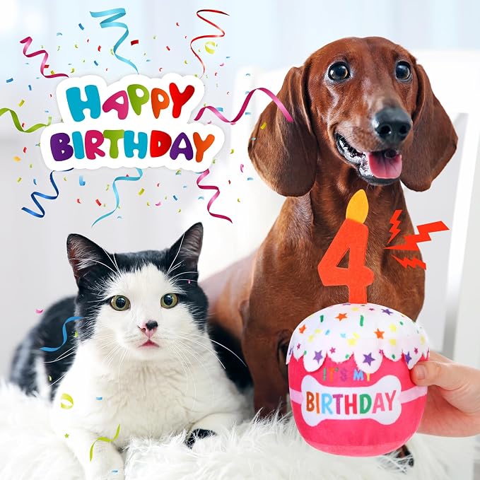 Dansydaisy Dog Birthday Cake Toy Squeaky Plush Toy for Girl Boy Gifts, Chew Accessories for Dog Birthday Party Decor Favor for Large, Medium and Small Dogs(4th,Pink)