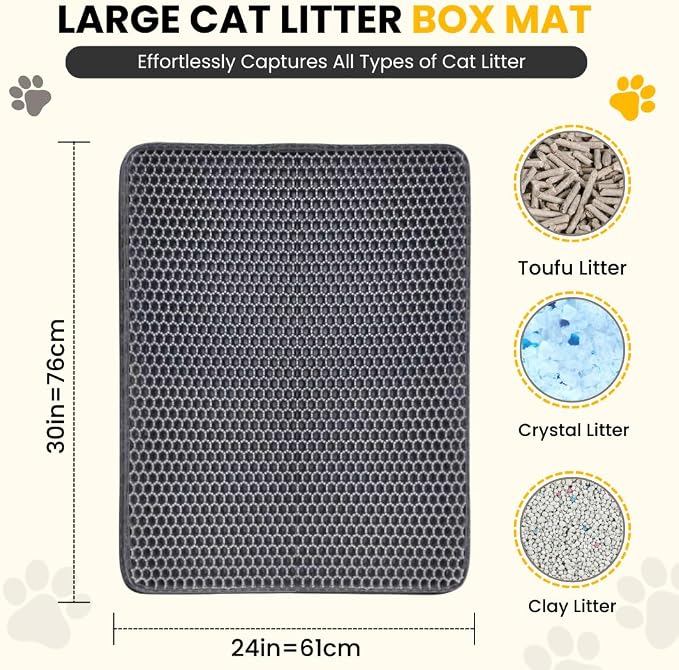Andalus Brands Large Cat Litter Mat - Waterproof & Urine-Proof Litter Box Mat, Non-Slip Kitty Litter Mats for Floor, Easy to Clean Litter Trapping Design (30" x 24", Black)