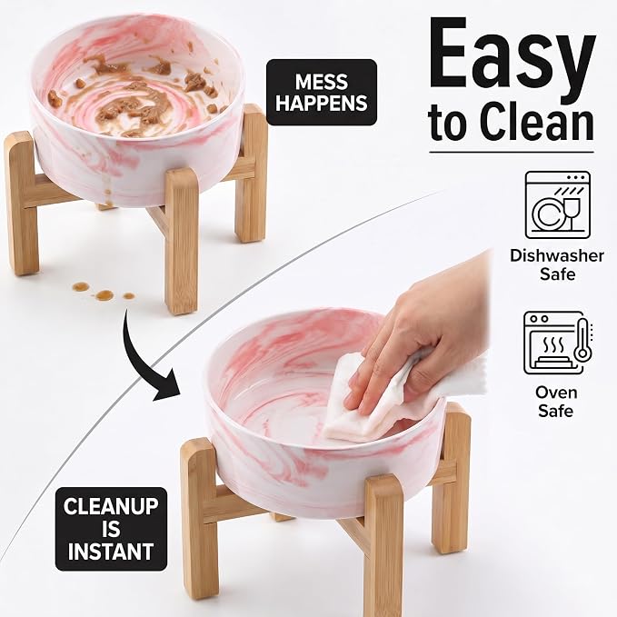 hjn Elevated Ceramic Dog Bowl 15°Slanted Raised Dog Bowl with Bamboo Stand for Small Medium Dogs and Cats, Pet Feeder -7.6-Cup (1800ml)-Marble Pink