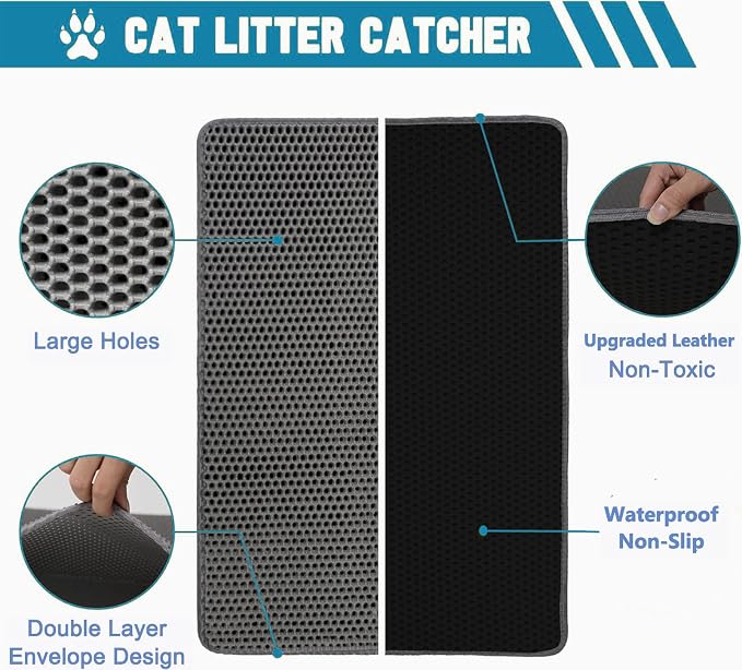 Honeycomb Large-Pore Cat Litter Mat, 24"x18", Gray | Catches all litter types, side-opening, easy clean, soft & durable, BPA-free, upgraded non-slip & urine-proof bottom, medium