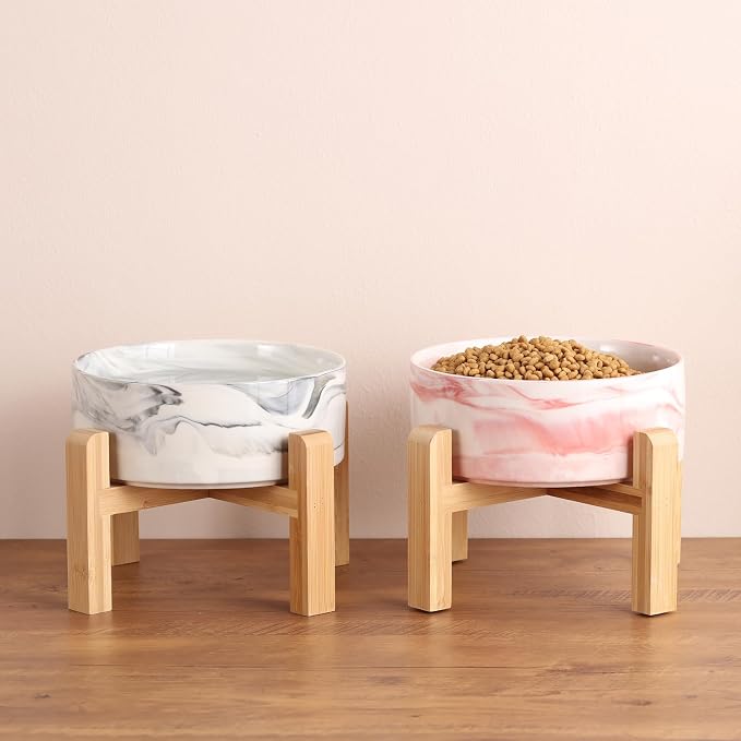 Raised/Elevated Ceramic Dog Bowl for Medium Large Sized Breeds,Large Dog Food Water Bowl with Stand,8 in Non Slip Heavy Weighted 1800ml/ 7.6 Cups/60 OZ Marble Pink
