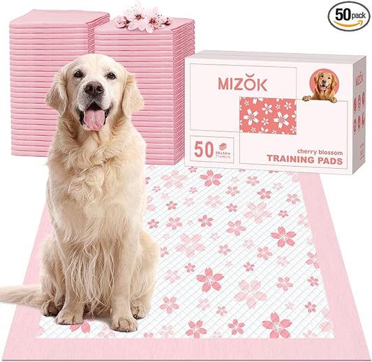 MIZOK Dog Pee Pads Extra Large 28"x34", Potty Pads for Big Dog Breeds, Super Absorbent & Leak-Proof, Pink Cherry Blossom Prints, Thick & Heavy, 4-Corner Adhesive Tabs, XL (50 Counts)