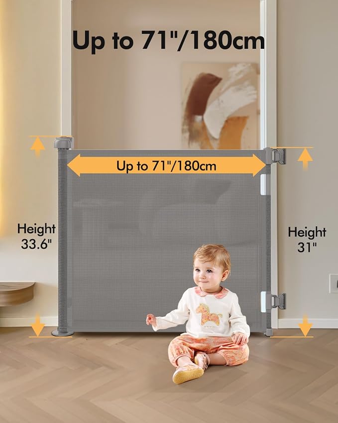 Retractable Baby Gate for Stairs & Doorways,71" Wide x 33.6" Tall Easy Installation Mesh Dog Gate for Indoor & Outdoor Use,Pet and Dog Safety Gate for Hallways(Grey)