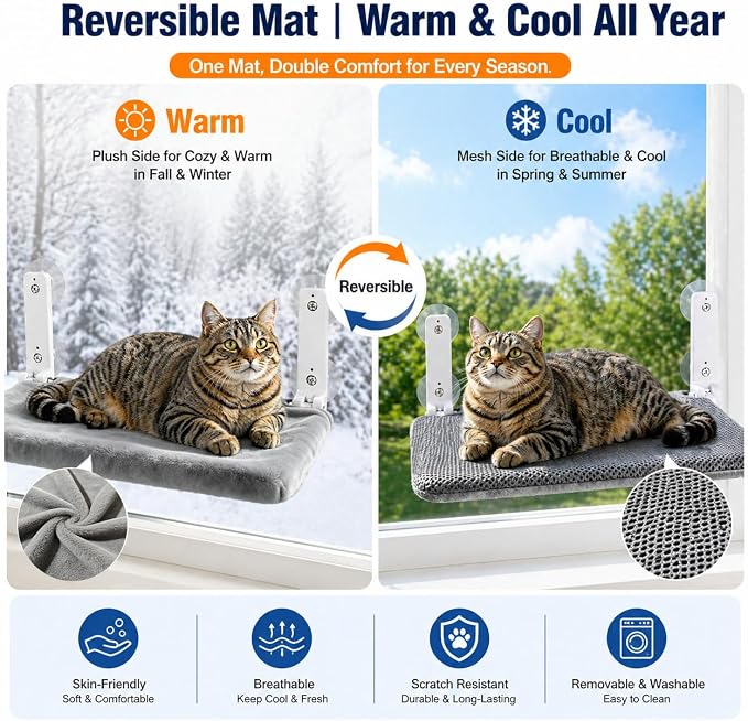 Cordless Cat Window Perch, Foldable Stable Cat Hammock, Breathable for Overlooking, Sunbathing & Climbing, Max Hold Up to 40lb