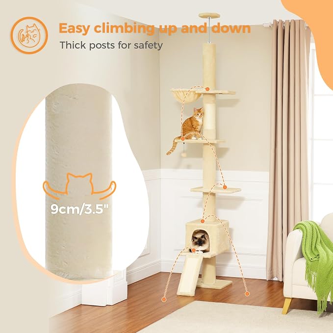 PEQULTI Floor to Ceiling Cat Tree, Adjustable 83-108in 5-Level Tower, Beige | Tension-mounted tall cat tower with 5 levels, cozy condo, hammock & sisal scratching post; wide base for indoor adult cats