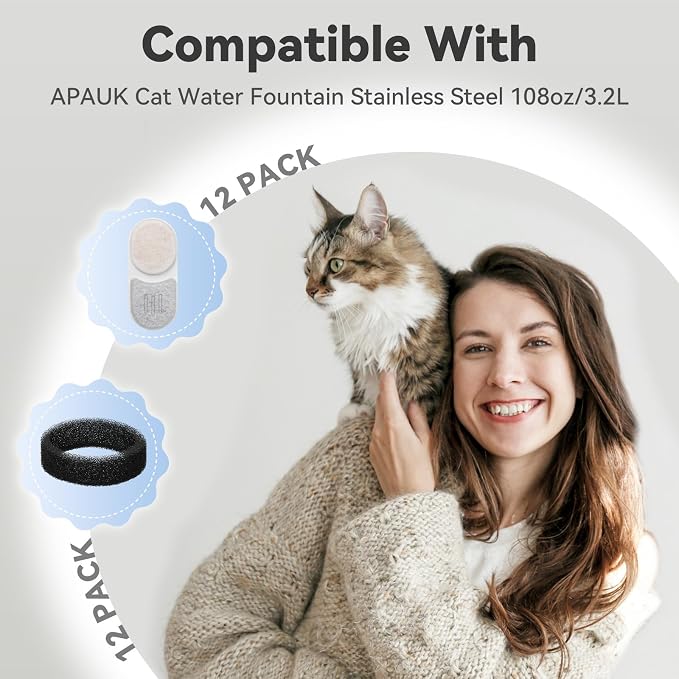24 Pack Cat Water Filters for APAUK Automatic Pet Fountain 108oz/3.2L, Ion Exchange Resin with Activated Carbon Replacement Filters, 12 Pack Filter &12 Pack Sponges