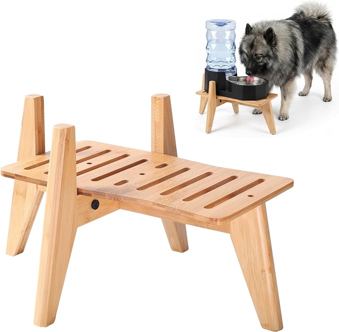 Dog Water and Food Dispenser Stand for Medium Dogs - Adjustable, Bamboo | Use to Elevate, Raise, Hold Gravity or Automatic Food Feeders and Water Bowl Dispensers - Medium