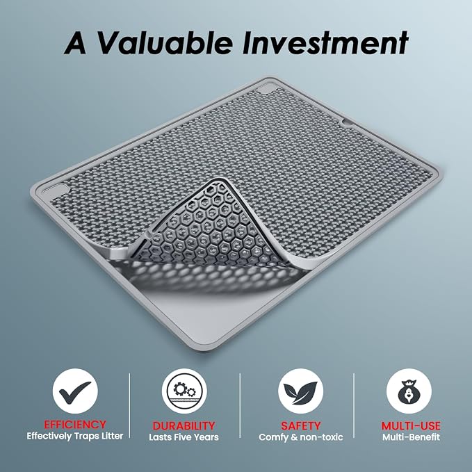 Cat Litter Mat | Litter Box Trapping Mat for Kitty | Waterproof & Anti-Tracking | Easy to Clean | Honeycomb Small Pads | Food Grade Silicone Catcher Mat | for Indoor Floor | Grey 20 * 15 in