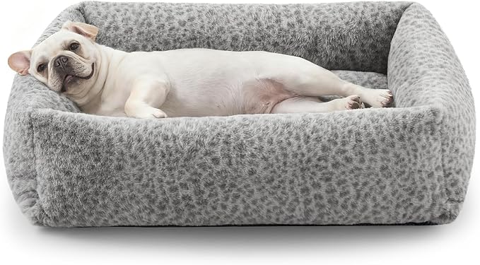 JOEJOY Dog Bed for Small Medium Dogs, Removable Washable Cover Orthopedic Soft Faux Rabbit Fur Pet Bed, Anti-Slip Fluffy Plush Puppy Bed, 25"x21"x7", Leopard Print, Grey