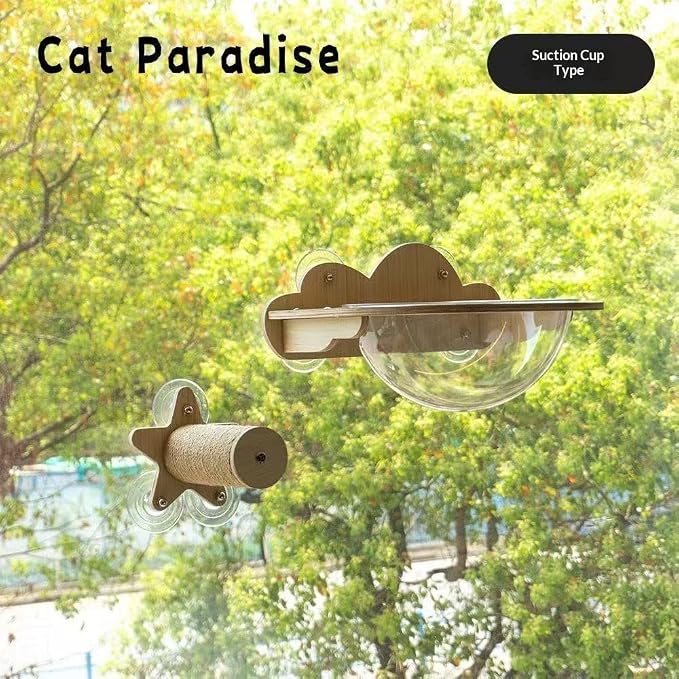 Cat Paradise Space Capsule Window Cat Bed, Suction Cup Mount, Clear Acrylic Bowl with Wood Shelf, 20kg Load Capacity