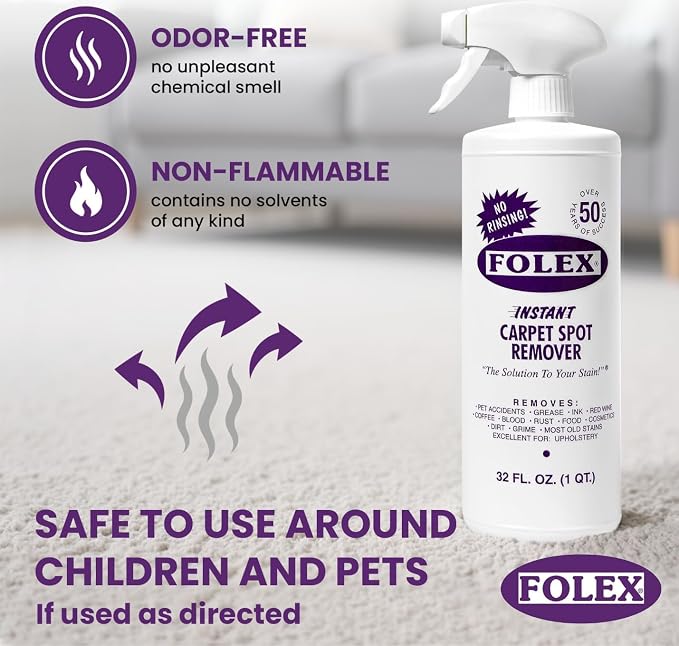 FOLEX Instant Carpet Spot Remover 32 oz – Powerful Stain Remover for Carpets, Upholstery & Rugs – Eliminates Pet Stains, Grease, Red Wine, Food, Makeup & More – With Reusable Cleaning Cloth - 2 Pack