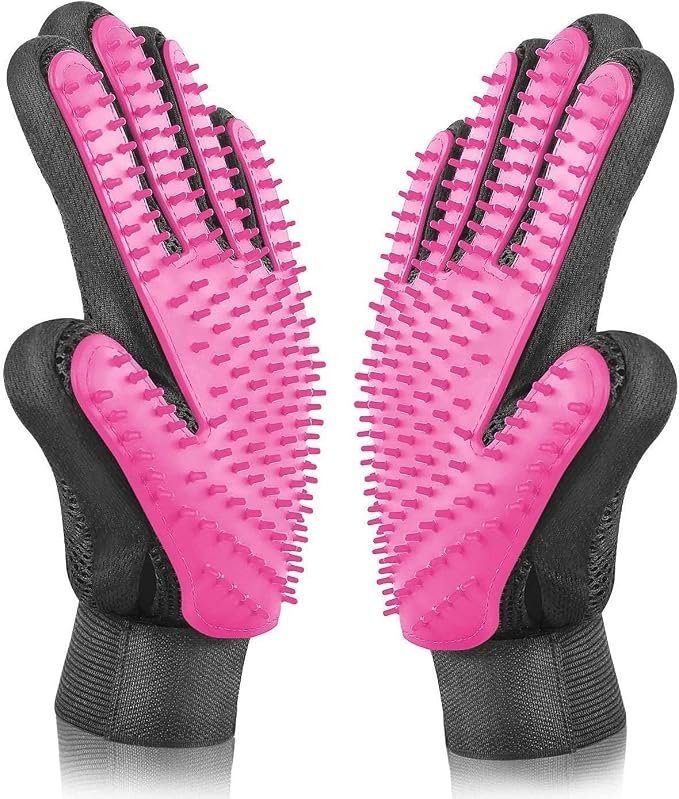Pet Grooming Glove - Gentle Deshedding Brush Glove - Efficient Pet Hair Remover Mitt - Massage Tool with Enhanced Five Finger Design - Perfect for Dogs & Cats with Long & Short Fur (Pink)