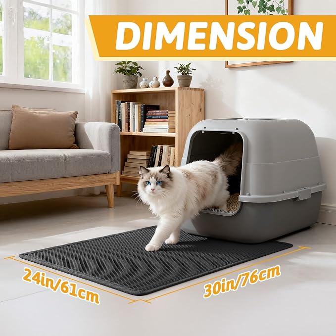 Pieviev Kitty Litter Mat, Double-Layer Waterproof Design, 30" x 24" Black | Honeycomb Litter Box Mat Catches Scattered Particles to Stop Tracking, Urineproof Base protects Floors, Easy to Clean