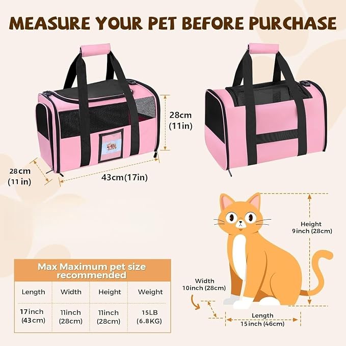 Soft Cat Carrier for Pets Up to 15 lbs, TSA Approved for Airline in-Cabin, Cat Travel Bag with Detachable Cat Food Bowl, Pet Carriers for Small Dogs, Waterproof Travel Puppy Carry, Pink