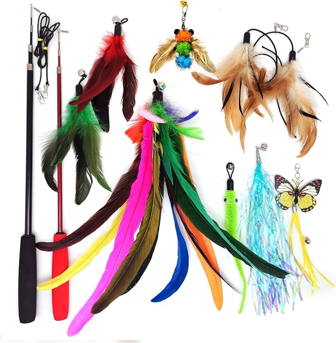 miwoowim Cat Toys Interactive for Indoor Cats, 2PCS Ultra-Long Teaser(50"+38")+9PCS Da Bird Feather Refills, Fishing Pole Toy,Retractable Cat Wand Toy and Feather Toys Refills Attachment Replacement