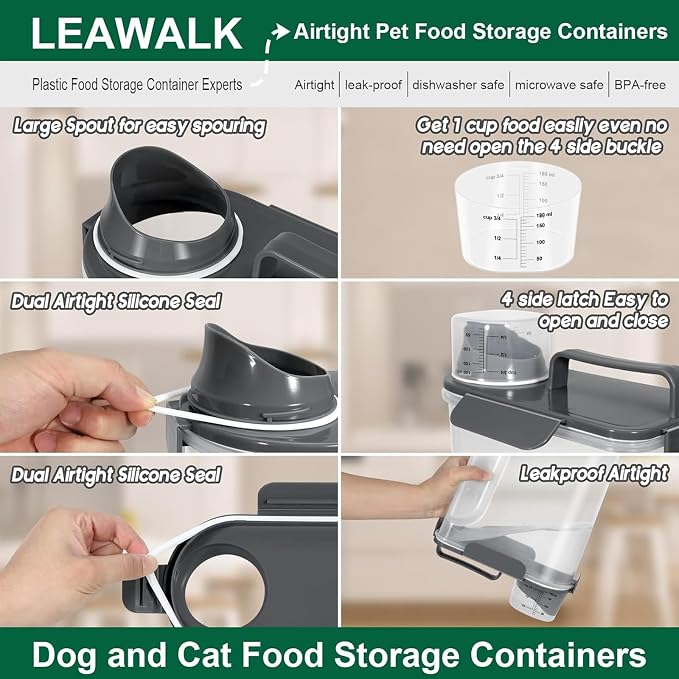 LEAWALK 5Lbs Airtight Cat Dog Food Storage Container with Upgraded Large Nozzle BPA-Free, Pet Food Storage Containers for Rice, Grain, Pet Food, Flour, Dog Treat Storage (Dark Gray, 5L-1pack)