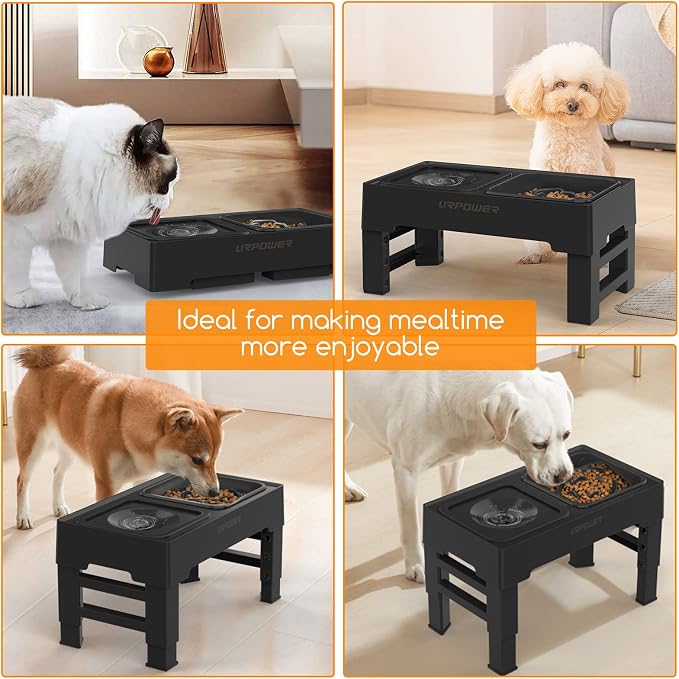 URPOWER 2-in-1 Elevated Slow Feeder Dog Bowls with No-Spill Water Bowl | 4 Height-Adjustable Raised Dog Bowls, Non-Slip Food and Water Bowls with Stand for Small, Medium, Large Dogs, Cats and Pets