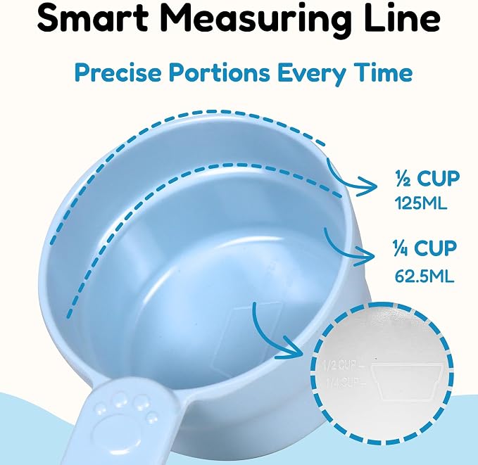 1/2 Cup Dog Food Scoop, Extra Long Handle Sturdy Melamine Pet Food Measuring Scoop with Clear Marking Lines, BPA-Free, Shatterproof, Dishwasher Safe (1, Blue, 1/2 Cup)