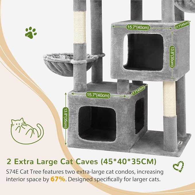 Globlazer S74E Pro Heavy Duty Maine Coon Cat Tree for Large Cats,Light Grey | 74in Sturdy Multi-Level Tall Cat Tree Tower for Indoor Adult Cats with Scratching Posts, 2 Cat Condos, 2 Top Perches