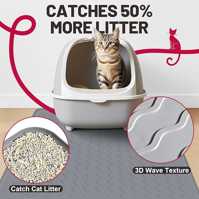 Cat Litter Mat, 34"x22" Waterproof Silicone Pad, Pink | Large Size, Urine-Proof Pad, Litter-Trapping Waves, Non-Slip, Easy Clean, Paw-Safe, for Litter Box, Floor Mat