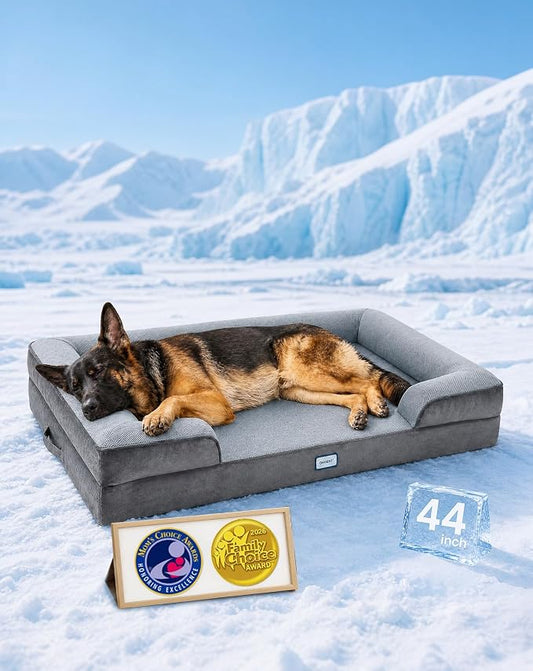 OhGeni Orthopedic Cooling Dog Bed Couch, Cooling Big Pet Sofa for Extra Large Sized Pets with Memory Foam, Machine-Washable Waterproof Removable Cover, Soft Comfortable Fabric, 44-inch (Cool Gray)