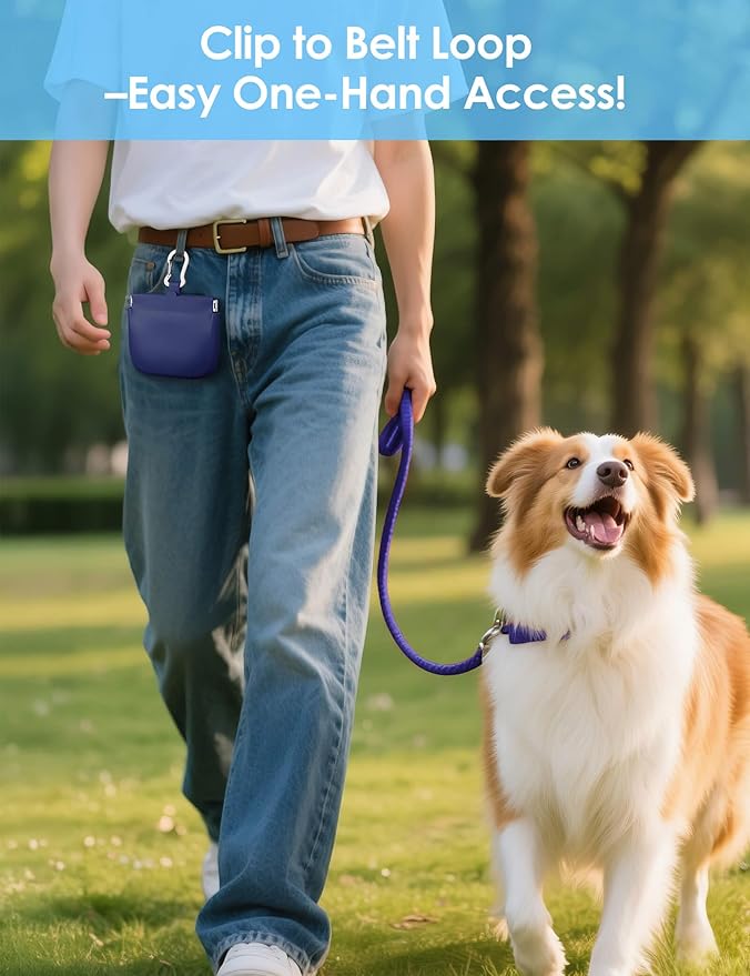 1 Cup Silicone Dog Training Treat Pouch (Blue) | Clip on Leash or Belt Loop, One-Hand Access with Pull Tab, Small Pocket Sized, Auto Closing Lid for Pet Training & Walking