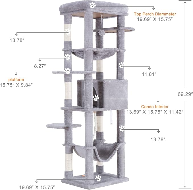 Heybly Cat Tree for Large Cats 20 lbs, 69 inches Cat Tower HCT031W | Heavy Duty Cat Condo for Indoor Cats, Multi-Level Furniture with Big Padded Plush Perch, Cozy Basket, Light Gray