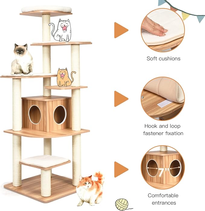 69 Inches Tall Cat Tree, Modern Wooden Cat Tower with Sisal Scratching Posts, Double-Entry Cat Condo, Multiple Jumping Platforms with Removable Soft Pads, Ideal for Indoor Cats Large Adult