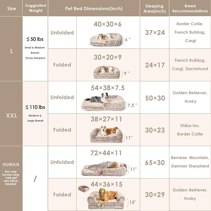 EHEYCIGA Foldable Human Dog Bed, 72"x44"x11" Orthopedic Memory Foam Human Sized Dog Bed, Waterproof Pet Bed for People, Faux Fur Pet Couch for Adult with Non-Slip Bottom, Faded Brown