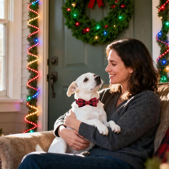DOGWONG Christmas Dog Collar with Bow Tie, Red Plaid Dog Collar Durable Metal Buckle Adjustable Soft & Cute Red Gingham Dogs Collars for Small Medium Large Dogs, S