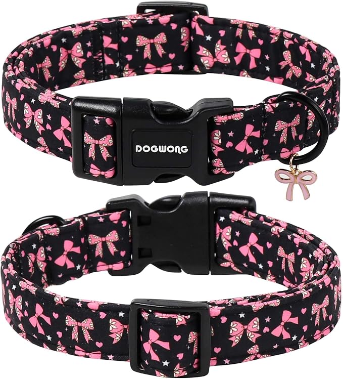 DOGWONG Pink Dog Collar, Black Pink Bow Dog Collar with Plastic Buckle,Girl Female Dogs Collars for X-Small Puppies Dogs, Neck 8-12 inches
