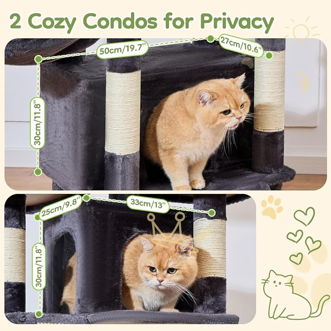 Taoqimiao Cat Tree for Large Cats, 76.8 Inches XL Cat Tower for Indoor Cats | 2 Scratch Boards, 3 Top Perches, 9 Scratching Posts, Multi-Level Cat Tree with 2 Condos, 2 Cozy Basket, Smoky Gray, T20G