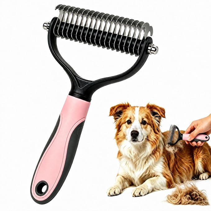 Pet Grooming Brush - Double-Sided Dematting Comb & Deshedding Tool for Dogs and Cats, Effortless Hair Removal, Ideal for Long-Haired Breeds, Reduce Shedding (1, Pink, Large)
