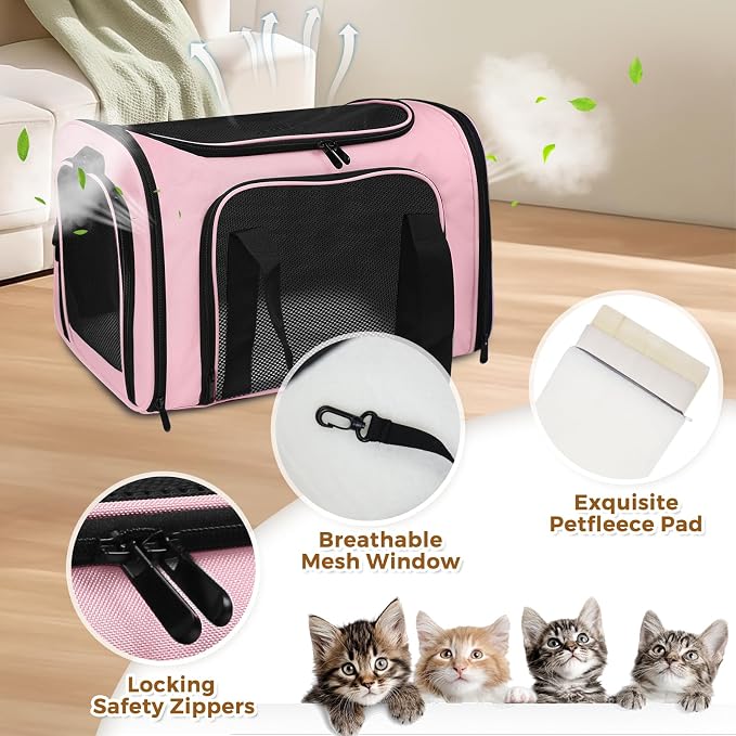 Soft Sided Pet Carrier - TSA Approved Collapsible Waterproof Travel Carrier for Small/Medium Cats Dogs Puppies (Up to 25lbs) - Pink