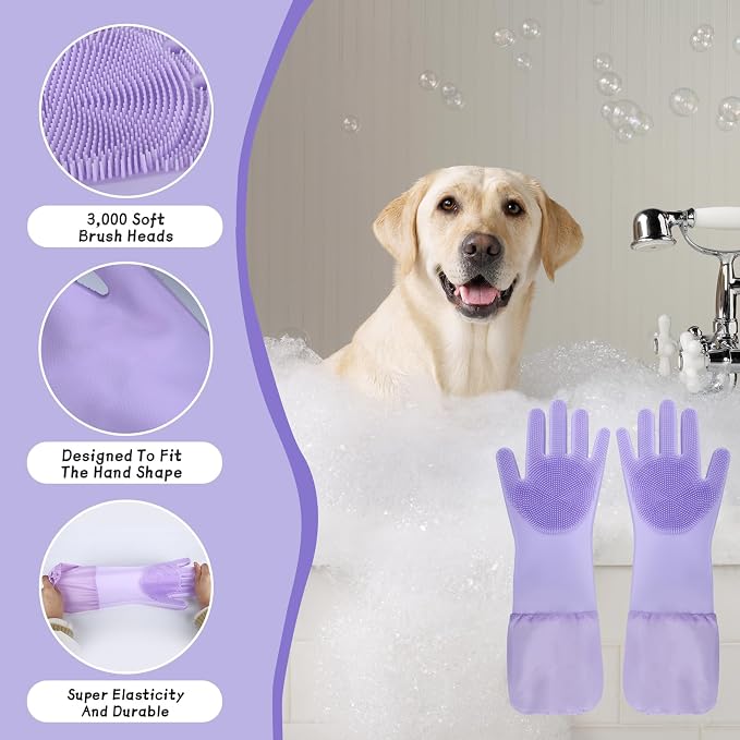 Dog Washing Gloves & Hair Remover for Cats and Dogs,Dog Bath Gloves with Extended Length,Comfortable Dog Bath Gloves for Gentle Bathing Efficient, Multifunctional Silicone Pet Gloves(Purple