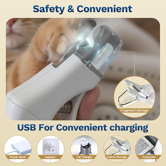 2-in-1 Dog&Cat Nail Clippers with Light, Type-c Pet Claw Trimmer & Grinder | Catpick care Rechargeable Nail Cutter, Stainless Blade, Safety Lock & Catcher Grooming for Small Medium Large Pets, White