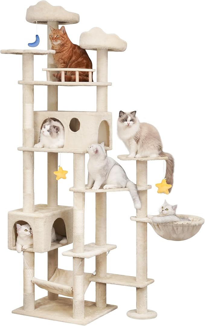 Meecal 79 Inch Tall Cat Tree Tower for Large Indoor Adult Cats, Beige | Extra Large Cat Tree with Scratching Post, Plush Condo, Perch, Hammock & Toys, Multi-Level Indoor Activity Center, Heavy Duty