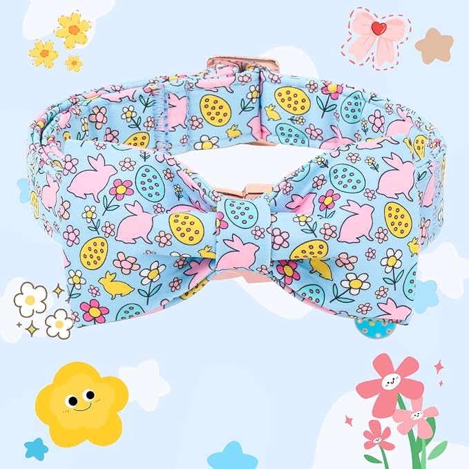 DOGWONG Easer Dog Collar with Bow,Blue Bunny Easter Dog Collars, Adjustable Durable Soft Flower Easter Dog Collar for Male Female Puppy,S