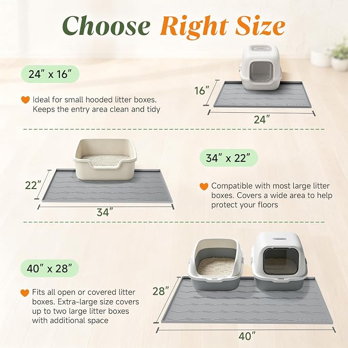 Songrey Silicone Cat Litter Mat 24" x 16", Large Litter Trapping Mat, Gray | Waterproof, Urine-Proof Litter Box Mat for Floor, Soft on Kitty Paws, Easy To Clean, Cat Supplies, Pet Feeding Mat