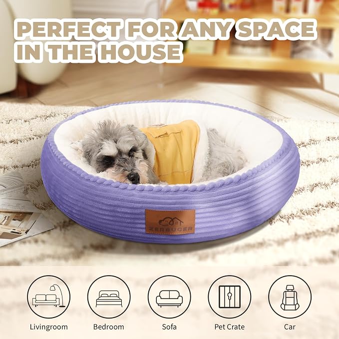Zerbuger 23in Violet Round Cat Dog Bed Gift for Large Medium Small Dogs Cats, Machine Washable Sleeping Sofa, Non-Slip Bottom Breathable Soft Calming Pet Cuddler for Indoor/Outdoor/Car/Cage