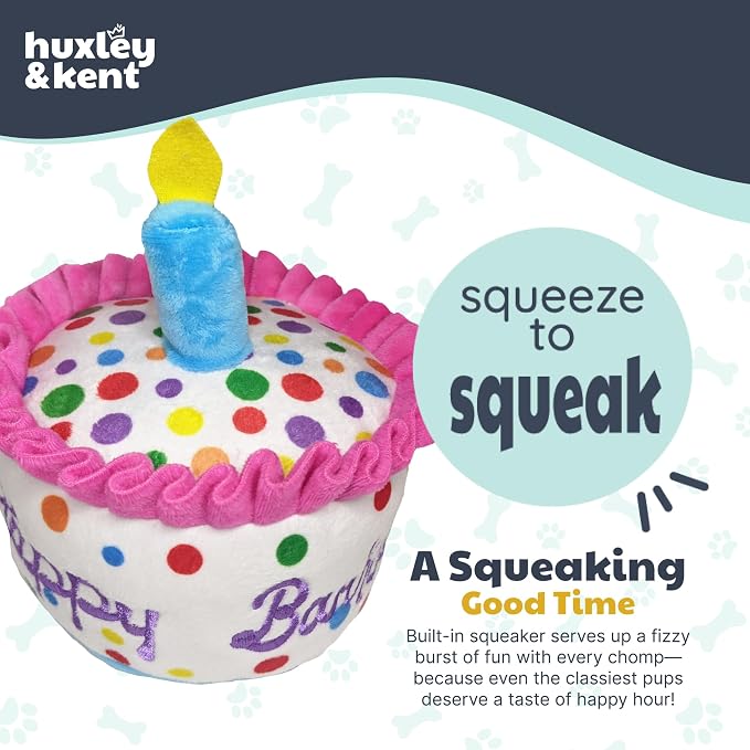Huxley & Kent Funny Dog Toy w/Squeaker – Power Plush Squeaky Dog Toys for Small, Medium & Large Dogs – Soft Stuffed Animal for Indoor Play & Fetch - Happy Barkday Cake, Large