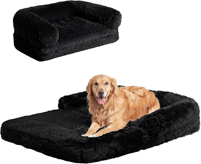 EHEYCIGA Foldable XXL Dog Bed for Large Sized Dog, 54"x38"x7.5" Faux Fur Fluffy Pet Couch Bed, Orthopedic Calming Memory Foam Big Pet Bed, Washable Pet Sofa Bed with Non-Slip Bottom, Black
