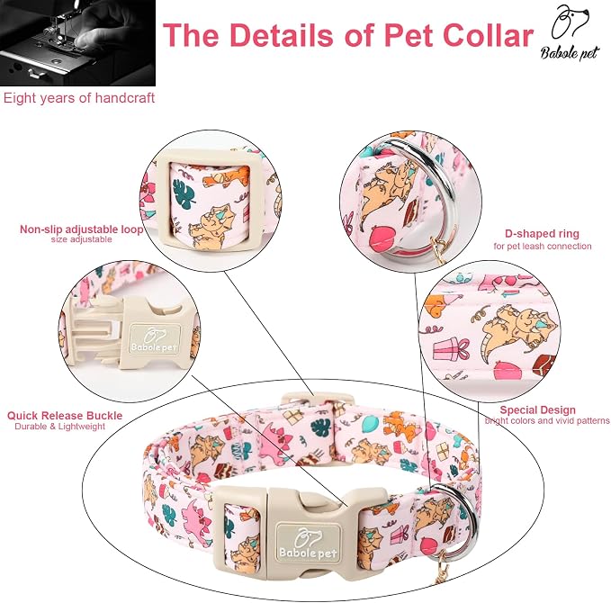 Cute Dinosaur Dog Collar, Adjustable Pink Dino Dog Collars for Puppy Small Dogs, Lightweight Quick-Release Buckle Birthday Collar for Boy&Girl Dogs XS