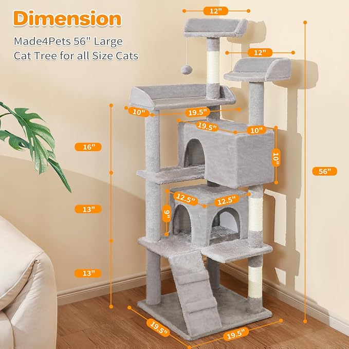 Made4Pets Cat Tree 54in Cat Tower for Indoor Cats Kitten Tree Multi-Level Cat Tree with 2 Condo Furniture Activity Center with Scratching Posts Funny Toys Kittens Pet Play House, Light Grey