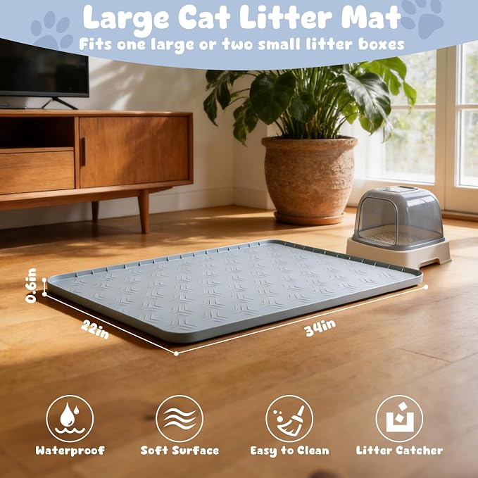 Cat Litter Box Mat, 34"×22" Waterproof Silicone Cat Litter Trapping | Non-Slip Gray Kitty Litter Mat for Indoor Cats, Waterproof Pet Food Mats Easy to Clean & Soft on Kitty Paws